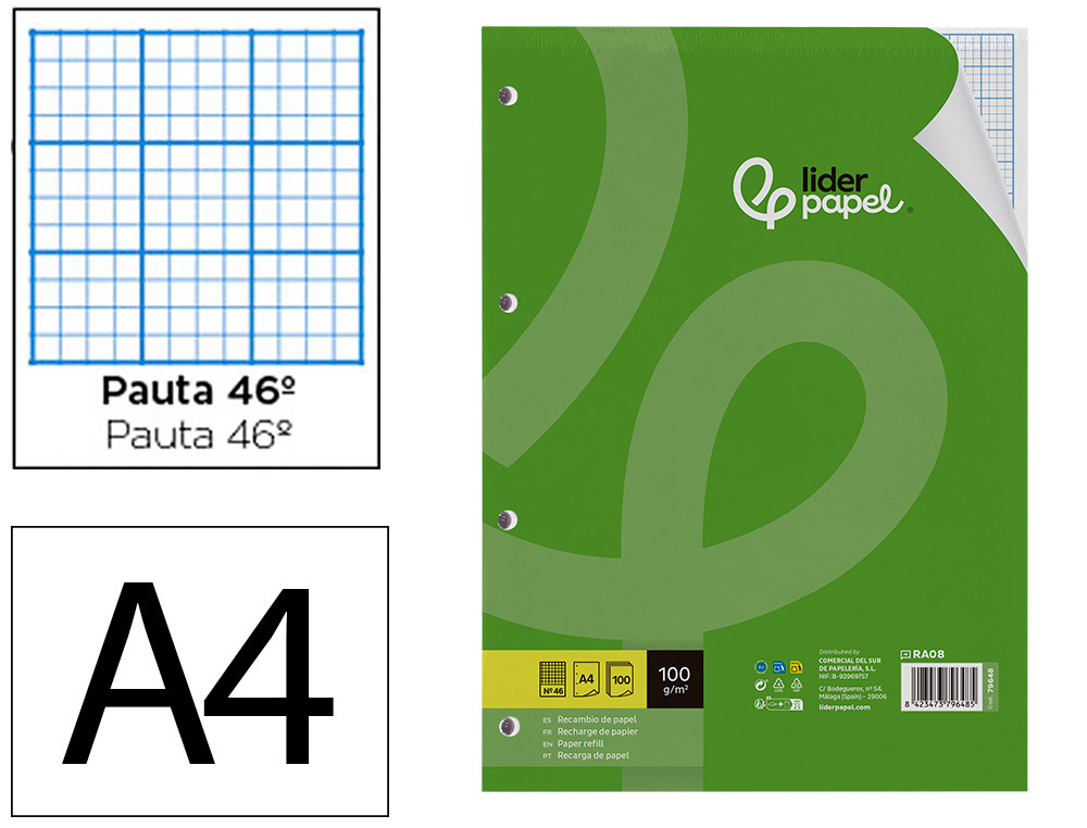 Recambio liderpapel a4 100 hojas 100g/m2 rayado nº 46 4 taladros