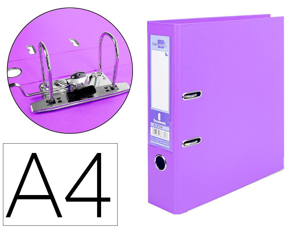 Archivador de palanca liderpapel a4 documenta forrado pvc con rado lomo 75 mm lila compresor metalico