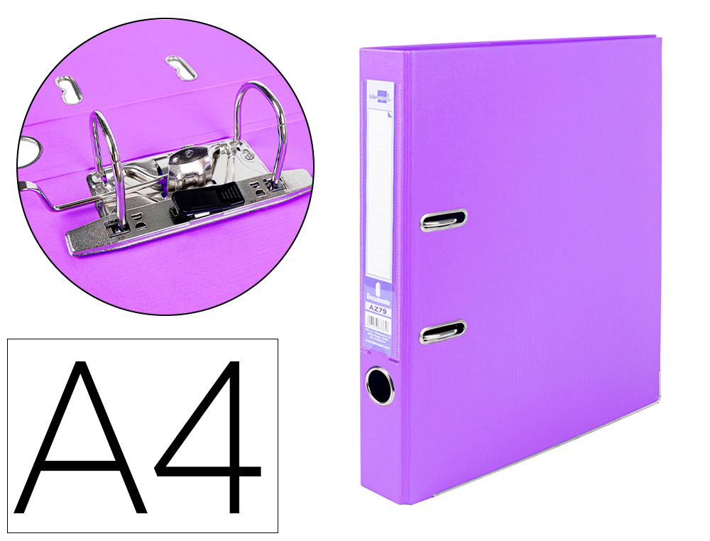 Archivador de palanca liderpapel a4 documenta forrado pvc con rado lomo 52 mm lila compresor metalico