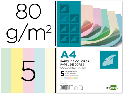Papel color liderpapel a4 80gr 5 colores surtidos paquete de 500 hojas