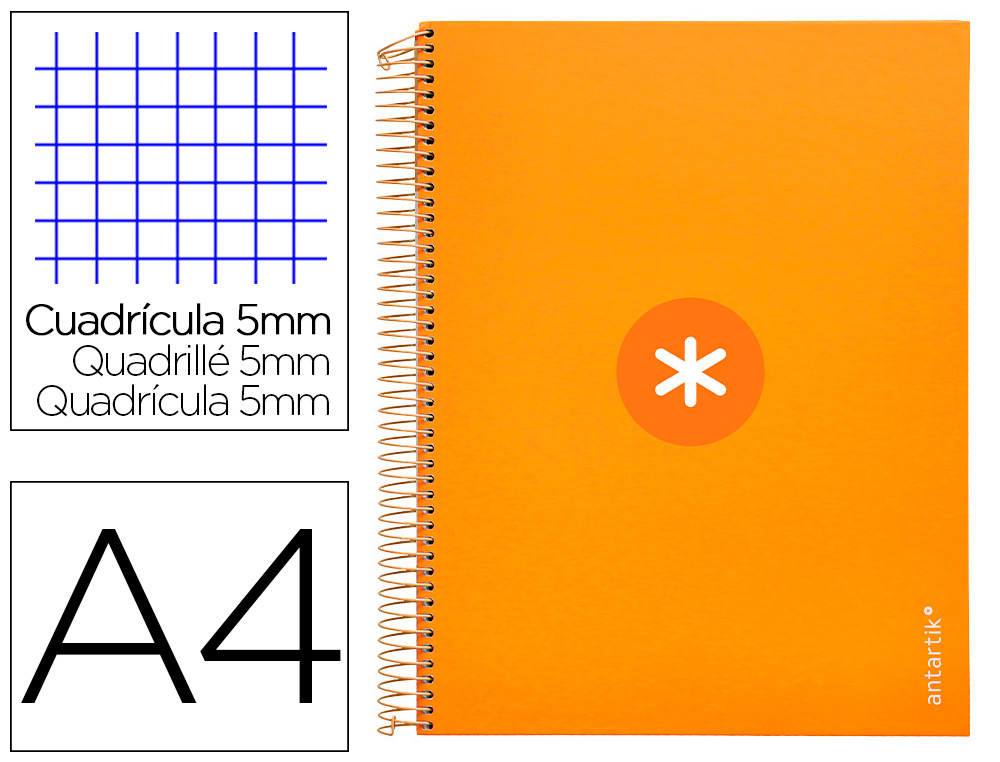 Cuaderno espiral a4 micro antartik tapa forrada 120h 90 gr cuadro 5mm 5 bandas 4 taladros color mostaza
