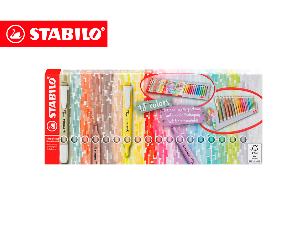 Rotulador stabilo fluorescente swing cool nature colors estuche de 18 unidades colores surtidos