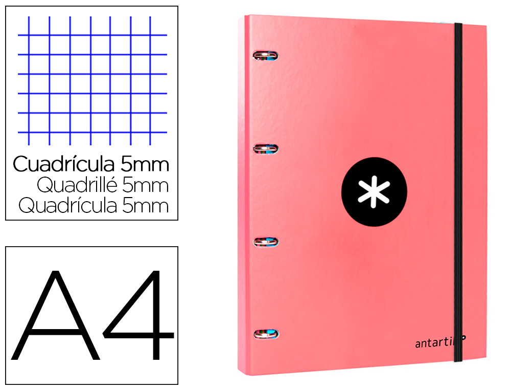 Carpeta con recambio antartik a4 cuadro 5mm forrada 4 anillas 25mm redondas color coral