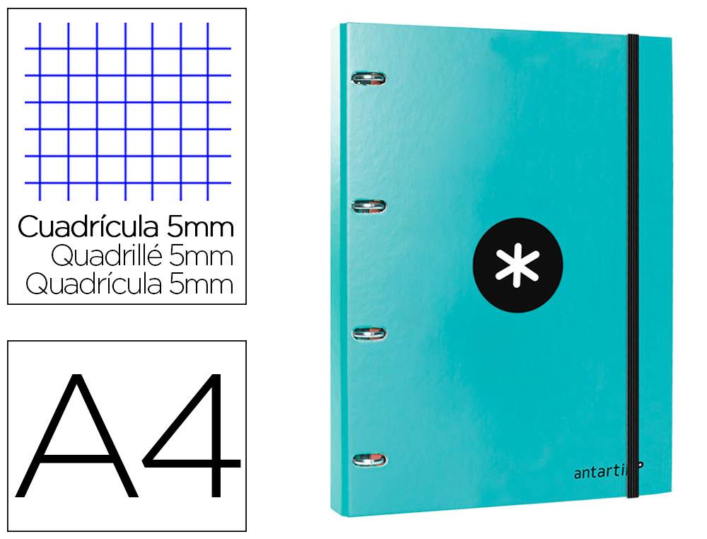 Carpeta con recambio antartik a4 cuadro 5mm forrada 4 anillas 25mm redondas color menta