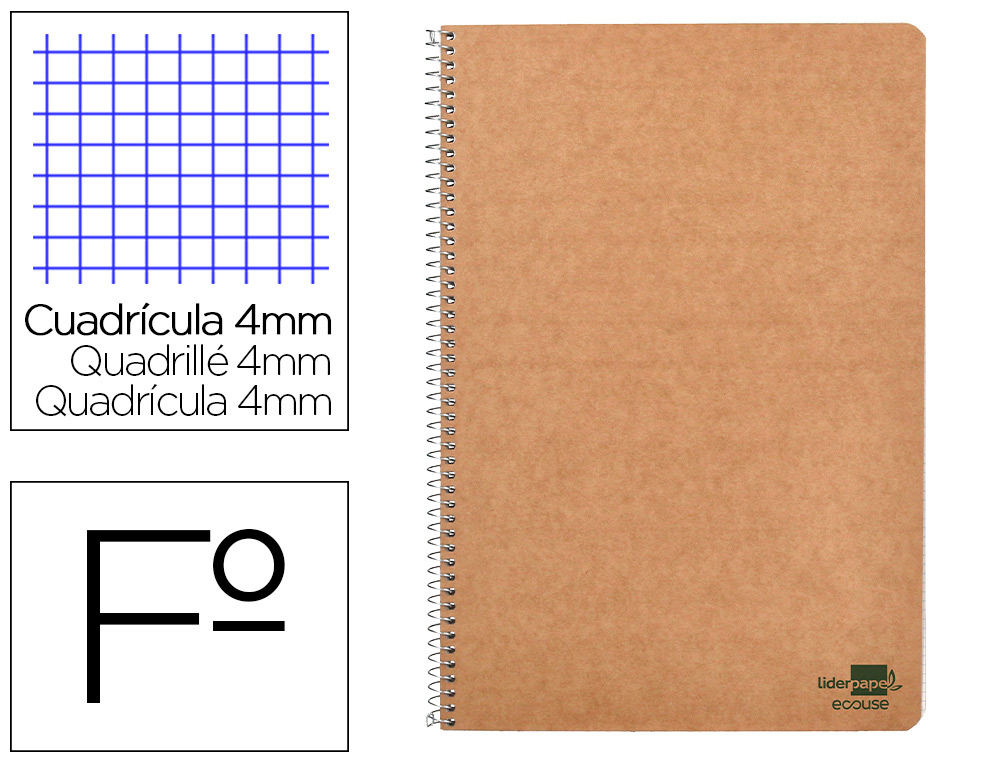 Cuaderno espiral liderpapel din a4 ecouse tapa cartulina kraft 80h papel reciclado 80 gr cuadro 4mm con margen