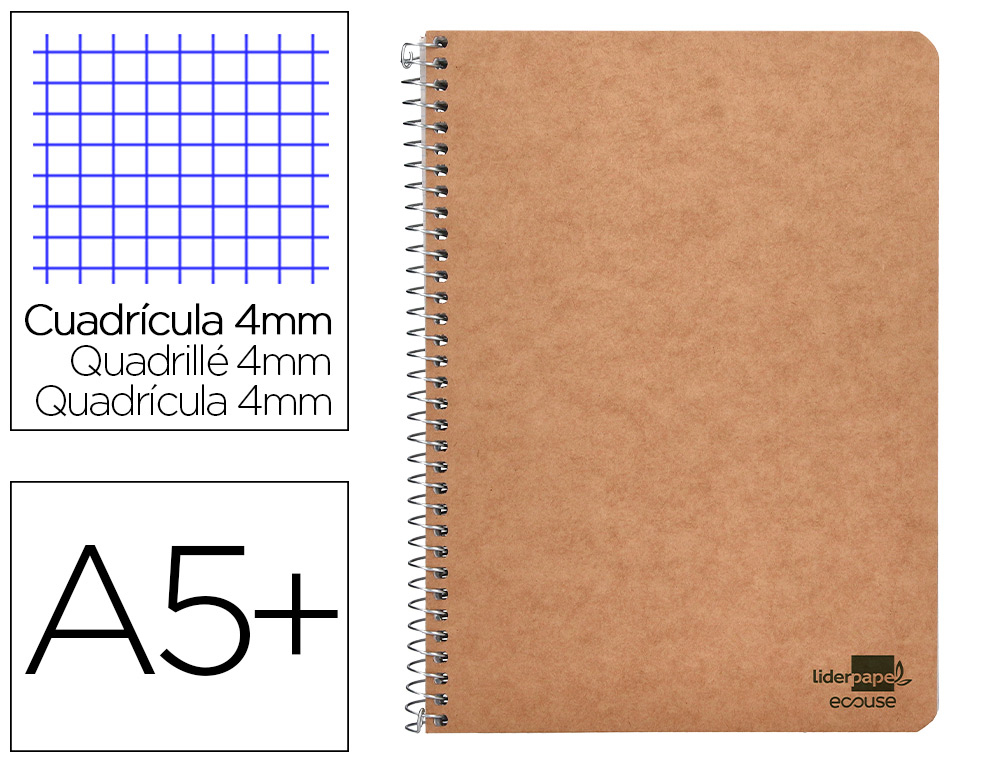 Cuaderno espiral liderpapel cuarto ecouse tapa cartulina kraft 80h papel reciclado 80 grcuadro 4mm