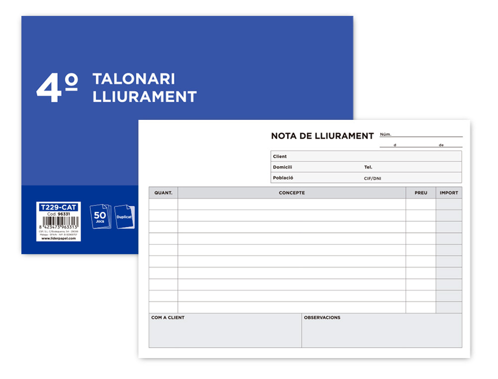 Talonario liderpapel entregas cuarto original y copia t229 apaisado texto en catalan