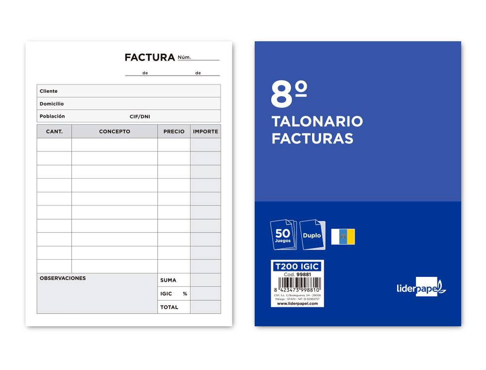 Talonario liderpapel facturas 8º original y copia t200 con i.g.i.c